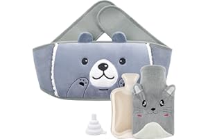 1PLUSSELECT 1L Bouillotte eau Chaude, ilauke 3 en 1 Bouillotte en Caoutchouc, Bouteille D'eau Chaude avec Housse en Peluche + Entonnoir, Bouillotte avec Ceinture Pour Soulagement des Douleurs Corporelles (Gris)