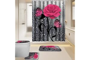 BXFUL 4 Piece Waterproof Shower Curtain Set for Bathroom-Rose-Non-Slip Bath Mat and 12 Hooks,Curtain Set with Rug,Toilet Lid Cover Bathroom Decoration (Pink)