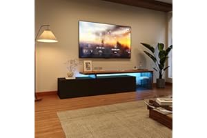 BRILVERDE Moderno mobile TV con LED, tavolo TV con 3 scompartimenti, mobile basso TV lucido, tavolino soggiorno con ripiano in vetro, armadio portaoggetti in finitura legno (Nero, 200 x 39 x 42 cm)