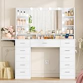 Kotascoy Large Makeup Vanity with Adjustable Light, White | 24 cm Extendable Surface, Modern Makeup Table with 11 Drawers and