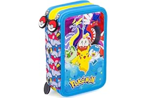 Clondo Piórnik z potrójnym wypełnieniem, 44 akcesoria szkolne, 3 suwaki, 20 cm, Pokemonsparkle25, stojak a długopisy