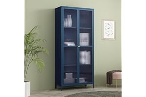 [en.casa] Vitrina Säkylä Aparador para Salón Mueble Auxiliar para Comedor Cocina Dormitorio con 2 Puertas de Cristal y 4 Compartimentos Acero 180 x 80 x 35 cm - Azul Marino y Translúcido