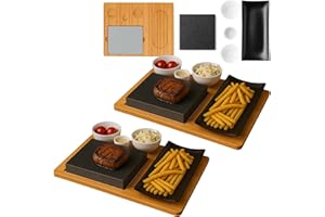 CAWI Lavastein deska do steków, 2 zestawy, taca do serwowania, deska bambusowa z grillem Hot Stone, płyta grillowa do steków, płyta kamienna, grill stołowy