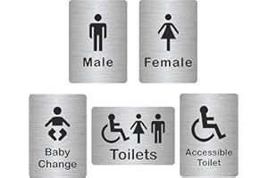 Customcard Ltd Set of 5 Aluminium Signs: Toilets, Male, Female, Accessible, Baby Chang sign–high quality, brushed silver finish with tape on the back