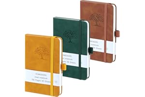 HOMEMARS Carnet de Notes, Petit Cahier, 3 Paquet, Cahier de Note, Carnet de Voyage, 14.4 cm x 9.6cm, Marron, Vert, Jaune, 192 Pages Chacune, Motif d'arbre en Relief, Cuir végétalien
