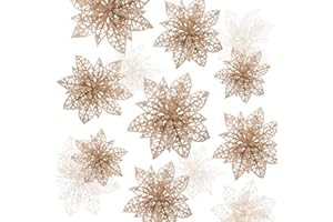 Naler Fleur de Noël Artificielle, 24 Pièces Ornement Paillette pour Arbre de Noël, Objet Décoratif 3 Tailles 8/10/15CM - Couleur Champagne