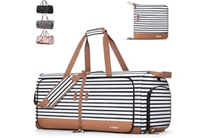 Lekesky Sac de voyage pliable, sac de week-end pour femme avec compartiment à chaussures, bleu à rayures, 60L