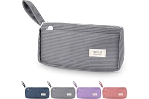 TAIHOBO Retro Pencil Case with Compartments, Corduroy Pencil Cases Boys with Handle, Soft School Aesthetic Pencil Case for Women, Washable Pen Case for Students and Office Workers (Cement Grey)