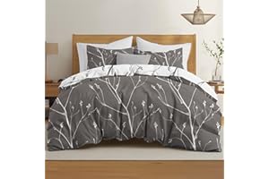 Dreamzie Funda Nordica Cama 150/160 Diseño de Ramas Grises con 2 Funda Almohada 65x65 cm Funda Nordica 220x240 de 100% Microfibra - Certificada Oeko Tex