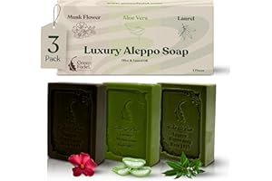 GREEN FADEL (Luxury) Sapone di Aleppo Originale, Set da 3 pezzi: Alloro, Aloe Vera, Muschio, con Olio d'Oliva e Olio di Alloro, Sapone all'Olio d'Oliva