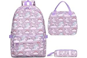 Donaky Unicorn School Bag Backpack for Girls Boys, 3 Pcs Purple Large Schoolbag Book Bag Lightweight Rucksack Backpack for School with Lunch Bag and Pencil Case for Students Teenagers Kids