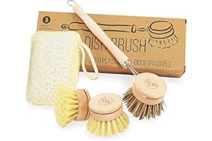 Washing Up Brushes Eco Dish Brush Kitchen Dishes Plate Pan Scrubber Dishwashing Brushes Wooden Cleaning Set with 3 Replacement Heads and Loofah - Agile Home and Garden