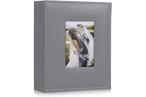 RECUTMS Photo Albums 6x4 Photos 200 Pocket Black Pages Album PU Leather Slip In Photo Picture Small Album For Family Anniversary Wedding Memo Slot Children Holiday Album（Grey）
