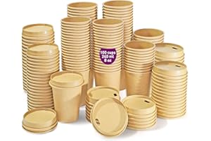 GOBETREE 100 vasos desechables kraft de 240 ml / 8 oz con tapas de papel, vasos de cartón kraft desechables para café americano, café con leche y refrescos. Para llevar