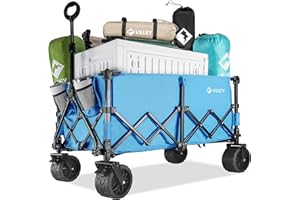 VILLEY Camping Trolley, Extended Collapsible Trolley Cart, Heavy-Duty Wagon Cart Loadable up to 150KG, All-Terrain Beach Wheels Wagon with Brakes for Outdoor Picnic Garden Beach Shopping | Blue