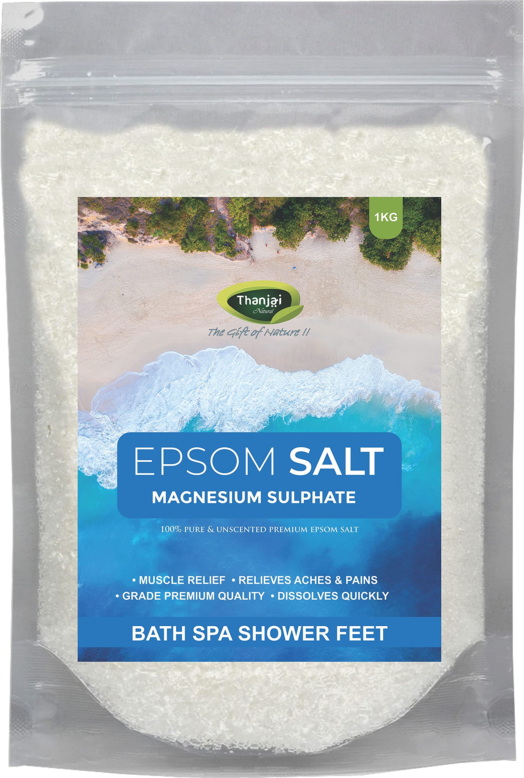 Thanjai Natural 1Kg Epsom Salt (Grade A93658 - Magnesium Sulphate) For Muscle Relief, Relieves Aches & Pains 100% Natural Nat