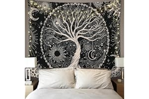 Betylifoy Tapiz de Árbol de la Vida Luna y Sol Tapiz Colgante de Pared Negro Mandala Psicodélico Tapiz de Pared Estrellado Hippie Arte de Pared Decoración para Fiesta de Dormitorio (130x150cm)