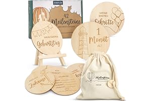 ‎AMARI AMARI ® Meilensteinkarten Baby aus Holz (42 Stück) - Baby Geschenk zur Geburt - Babyparty Deko, Babygeschenk Junge Mädchen, Babygeschenke, Geschenk Geburt Neugeborene Babyshower