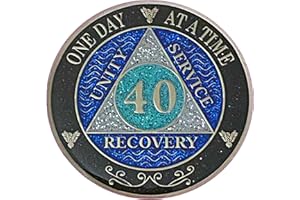SIMPLY MINIMAL (Years 1-50) 40 Year AA Recovery Silver Color Plated Glitter Medallion, Black Rainbow, Blue, Silver Glitter Coin, Epoxy Covered (AA 40 Year Glitter Medallion)