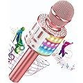 Micros sans Fil Karaoké, Microphone Karaoke Bluetooth avec Lumière Scène, Portable Haut-Parleur pour Enfants/Adultes Fête Chanter Disco KTV Clubs Noël Anniversaire Soiree Idée Cadeau Fille Garcon