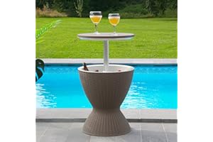 SKYLANTERN Mesa enfriadora de 30 L con bandeja elevable – Mesa de jardín al aire libre con cuenca de hielo para bebidas frescas – Mesa auxiliar altura ajustable efecto ratán