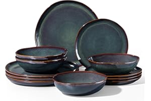 Homikit 12-Piece Dinner Set, Reactive Glaze Stoneware Dinnerware for 4 People, Irregular Shape Plates and Bowls, Non-Toxic & Scratch Resistant, Microwave and Dishwasher Safe - Blackish Green