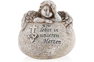 com-four® Grab-Dekoration in Herz-Form mit Engel - Gedenkstein mit Inschrift, Kreuz und Rosen - wetterfester Grabschmuck - Trauerstein mit Gedenkspruch (1 Stück - Engel Du lebst in unseren Herzen)
