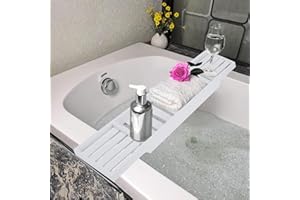 WRESS White Bath Tray - Bamboo Bathtub Rack Shelf Storage Organiser - Tidy Caddy Bathroom Shelf, Bath Table for Soap, Book, Wine, Phone