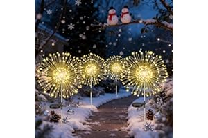 DDLISU Lot de 4 Lampes Solaires d'extérieur pour Jardin, Feux d'artifice solaires en forme de pissenlit, 120 LED, 8 Modes, éclairage étoilé, Lampe de Jardin étanche pour Pelouse, allée, Cour, Blanc Chaud