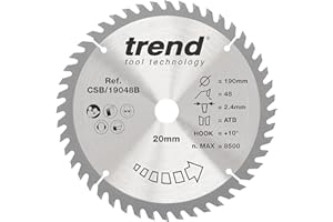 Trend Lame de scie circulaire Wood, diamètre 190 mm, alésage 20 mm, 48 dents, trait de scie 2,4 mm, crochet +10°, TCT, finition fine, CSB/19048B