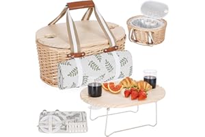 Zettfuly Picknickkorb-Set für 2 Personen – Isolierter Weidenkorb mit wasserdichter Decke, klappbarem Picknicktisch für Wein & Bestecksets, Picknickkörbe-Set für Camping, Outdoor, Valentinstag (Blatt)