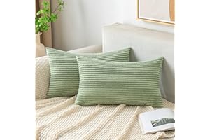 EMEMA Cushion Covers Corduroy Oblong Throw Pillow Covers Striped Soft Sham Home for Sofa Couch Bedroom Decorative Pillowcases 12x20 Inch 30x50cm Set of 2 Bean-green