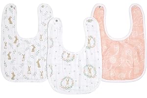 aden + anais essentials Snap Baby Bib, 100% Cotton Muslin, 3 Layer Burp Cloth, Super Soft & Absorbent for Infants, Adjustable with Snaps, Pack, blushing bunnies, 23x34cm (AD134)