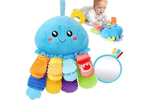 Hahaland Oktopus Sensorik Rassel mit Beißring,Spiegel,Baby Greifling Spielzeug ab 0 3 6 Monate,Neugeborene Geschenk,Bauchlage Spielzeug Tummy Time Toys, Jungen Mädchen Montessori Spielzeug