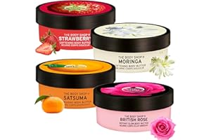 Body Butter Skin Care Set - Pack of 4 x 50ml Strawberry, Moringa, Satsuma & British Rose Body Moisturiser. Body Butter for Women with Topline Card. Great Birthday Gifts for Her, Mum Gifts
