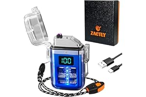 Zactly AL12 Transparent Electric USB C Rechargeable Plasma Candle Lighter LED Digital Display Dual Arc Waterproof Windproof, Whistle, Lanyard, Camping Outdoor Survival Tool (BLUE)