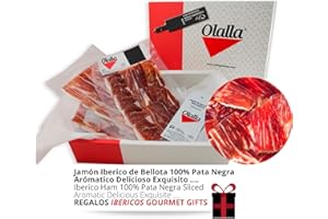 OLALLA 1 kg Estuche Jamon Iberico de Bellota 100% Iberico Reserva Pata Negra - 10 Sobres Loncheados de 100 gr de Jamon Iberico Cortado a mano y Envasados al Vacio - Embutidos y Regalos Ibericos Gourmet