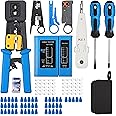 COOLCOLD Crimping Tool, RJ45 Wire Cutter, Tool Kit, Cat5 Cat5e Cat6, 50PCS RJ45 Cat6 Pass Through Connectors, 50PCS Covers, Network Cable Tester, Wire Punch Down Cutter, Battery, Pass Through Tool kit