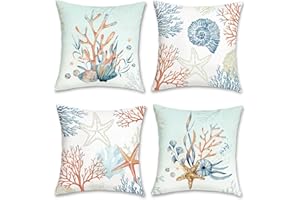 Bonhause Federe per Cuscini Estate Costiero 45 x 45 cm Copricuscini Decorativi Corallo Stella Marina Conchiglia Oceano Federa per Cuscino Divano Casa Decorazione Set di 4