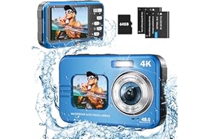 Appareil Photo Numérique HICSHON 4K étanche 48 MP Autofocus Caméra sous-Marine avec Carte mémoire 64 G Selfie Dual écrans avec Zoom 16X, Compact pour Enfants/débutants (Bleu)