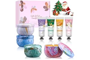 LDUMODUW Prezenty na Boże Narodzenie, małe prezenty bożonarodzeniowe dla kobiet i mężczyzn - świece zapachowe zestaw upominkowy 4 x 90 g | zestaw kremu do rąk 4 x 30 g, zestaw upominkowy dla kolegów, mamy
