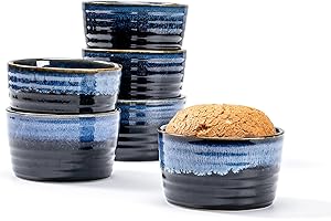 HENTEN HOME Pirottini Ceramica per Soufflé, Ramekins Set di 6 x 240ml, Pirottini da Soufflé in Porcellana per Muffin, Cupcake e Budini - Glassa di Reazione, Blu