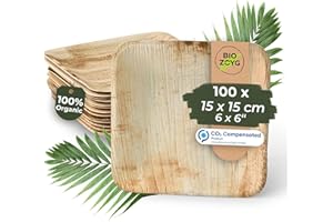 BIOZOYG 100 x talerz z liści palmowych 15 x 15 cm, jednorazowe talerze kompostowalne i naturalne, zastawa stołowa na przyjęcie kwadratowe