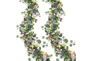 ASTNIC 2 Pack 5.68FT Artificial Eucalyptus Flower Garland with 3D Butterfly, Fake Hanging Plants Floral Vines Greenery Daisy Eucalyptus Garland for Wedding Backdrop Arch Wall Party Table Runner Decor