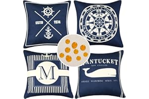 HOMESTILEZ Fodere Impermeabili per Cuscini in Lino Blu Navy Nautico Ancora Timone Bussola Delfino Copricuscini Esterno 45 x 45 cm 4 Pack Fodere per Cuscini per Divano Soggiorno Camera Letto Sedia Ufficio