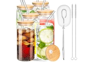 vvhippo Bicchiere da Birra con Coperchio e Cannuccia, 16oz (473ml) Tazza da Caffè Ghiacciata, 6 pezzi Tazze in Vetro a Forma di Lattina, Riutilizzabile, per Cocktail, Frappè, Succhi, Frullati, Birre