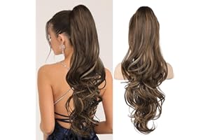 ‎FLUFYMOOZ FLUFYMOOZ Ponytail Extension, 66cm Pferdeschwanzverlängerung lange, gewellte, lockige Klauen Clip in Pferdeschwanz Haarverlängerung, synthetisches Haarteil für Frauen-Dunkelbraun mit Dunkelblond