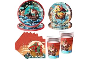 pekifaves Piraten Partygeschirr Set, Piratenschiff Partyteller für 10 Gäste, Geburtstag Geschirr Kindergeburtstag, Einwegteller Pappbecher Servietten, Happy Birthday Partyzubehör für Junge Mädchen
