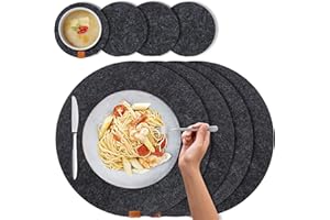 C100AE 8er Set Filz Tischset Abwaschbar Platzsets 4 Rund Platzdeckchen 34x34 cm, 4 Glasuntersetzer Filz rutschfest und Filzuntersetzer Hitzebeständig Dunkelgrau Anthrazit