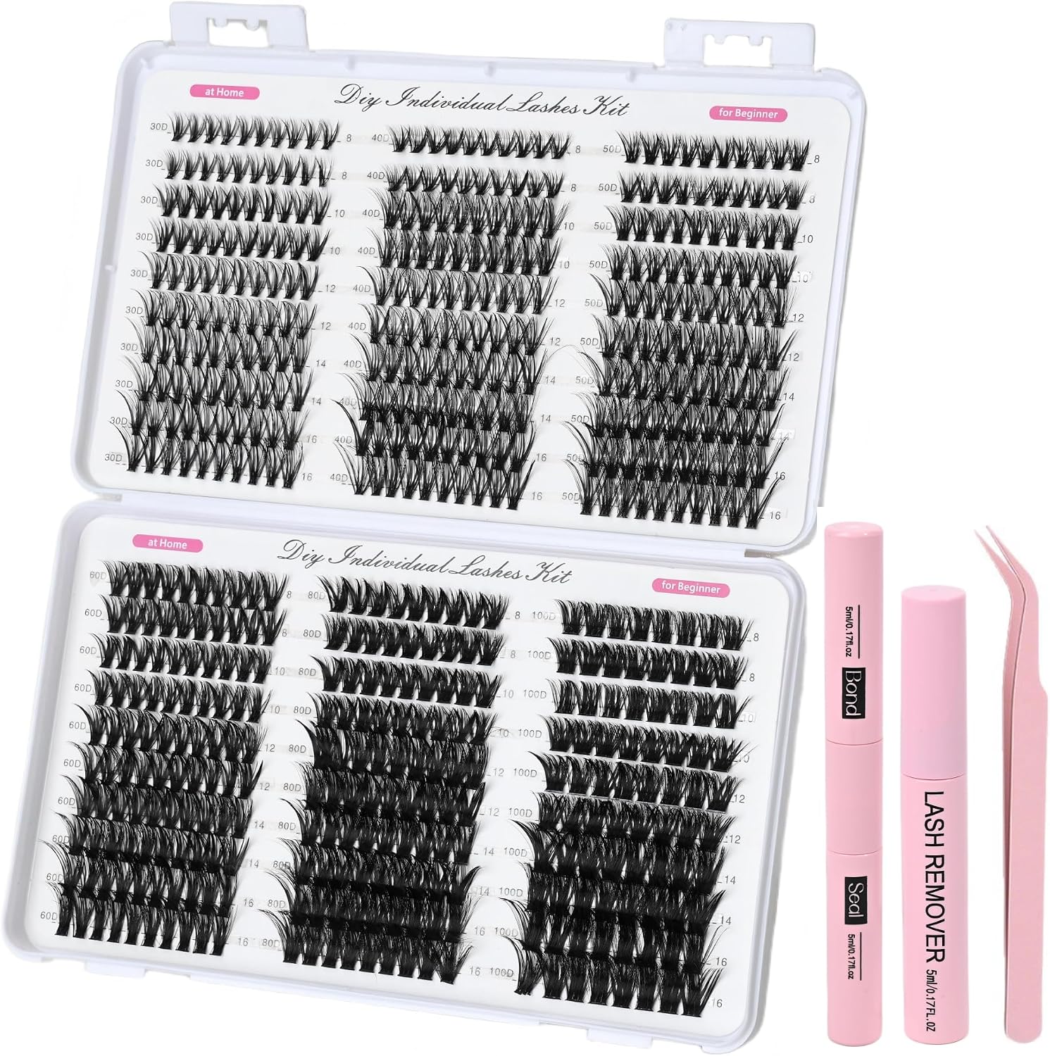 Kit de Extensión de Pestañas DIY 570 Piezas con Pegamento y Sellador, Removedor y Pinzas, Racimos de Pestañas Longitud Mixta Curva D, Falsas Pestañas Ligeras para Volumen en Casa